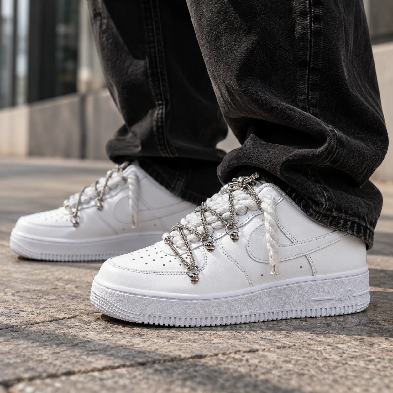 Nike Air Force 1 White Double Rope Laces White/Silver Chain